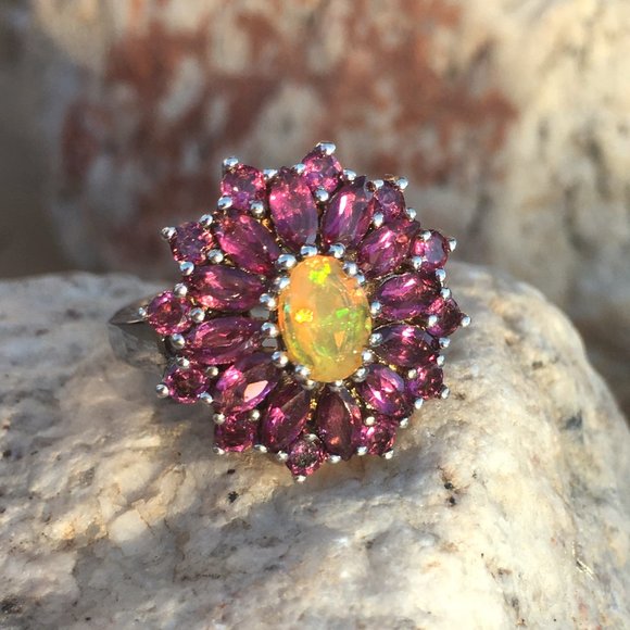 Genuine Opal & Garnet Halo Ring .925 Sterling Silver Natural Gemstones Sz 5 or 7 - Picture 8 of 16